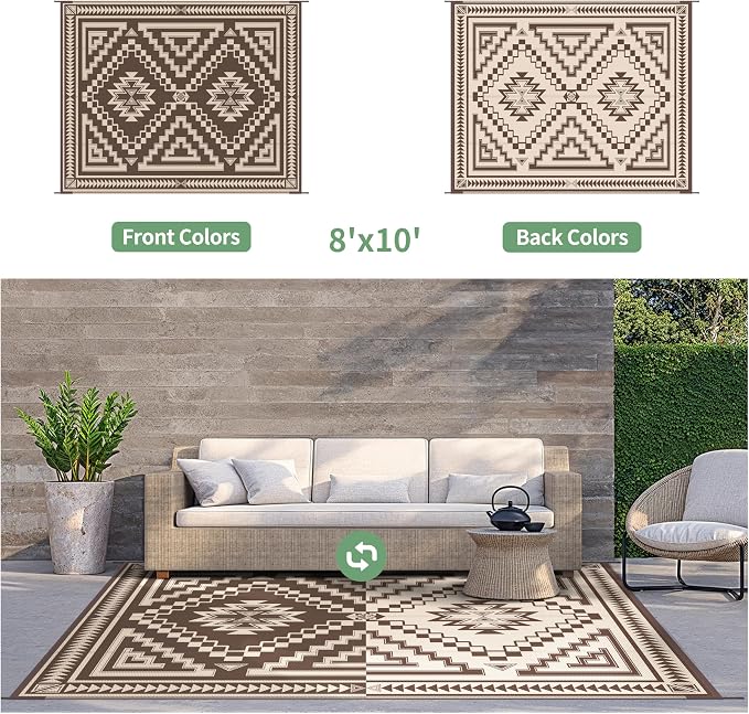 GENIMO Outdoor Rug, Waterproof Plastic Rugs for Patio, 8'x10' Light Beige | Outside Larger Modern Carpet Mat for Porch Decor, Deck, Balcony, Camping, RV, Backyard, Picnic, Beach, Reversible, Foldable