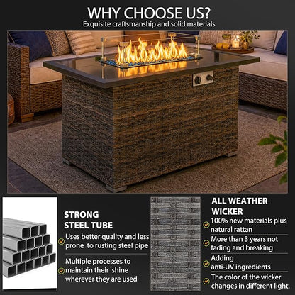 44" Propane Fire Pit Table, 50,000 BTU Outdoor Wicker Gas Fire Table with Glass Wind Guard, Tempered Glass Top, Auto Ignition, Lid & Protective Cover, ETL Certified Patio Firepit Table, Brown