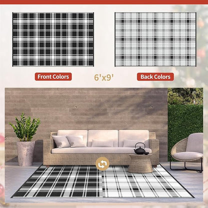 GENIMO Outdoor Rug, Waterproof Plastic Rugs for Patio, 6'x9' Black Plaid | Outside Larger Modern Carpet Mat for Porch Decor, Deck, Balcony, Camping, RV, Backyard, Picnic, Beach, Reversible, Foldable