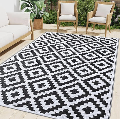 Smiry Outdoor Rug 6x9 ft Waterproof Reversible Boho Mat, Black & White | Polypropylene Plastic Straw, Quick Drying, Lightweight Foldable, for Patio, Deck, RV Camping, Backyard and Indoor Outdoor Use