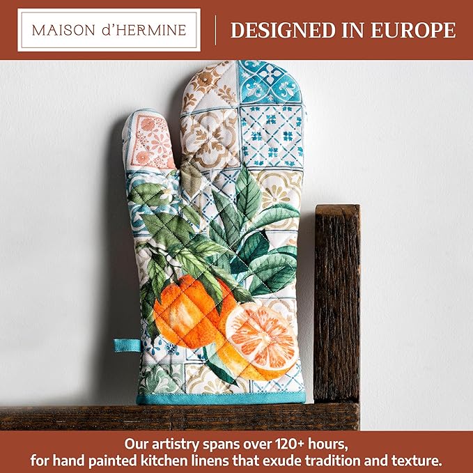 Maison d'Hermine Oven Gloves 100% Cotton Oven Mitt 7" x 13" with Loop Heat Resistant BBQ Cooking Gloves Baking Grilling Kitchen Hotel Home Farmhouse Spring Summer (Pack of 1, Agrume)