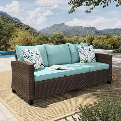 HERA'S HOUSE Outdoor Patio Sofa, 3-Seat Wicker Couch Loveseat, Deep Seating Furniture for Lawn Garden Porch Backyard, Blue