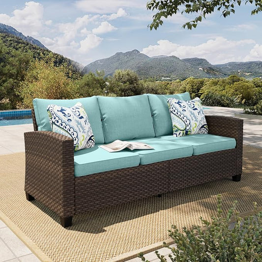 HERA'S HOUSE Outdoor Patio Sofa, 3-Seat Wicker Couch Loveseat, Deep Seating Furniture for Lawn Garden Porch Backyard, Blue