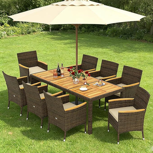 COSTWAY 9-Piece Patio Dining Set for 8, Outdoor Rattan Wicker Table and Chairs Furniture Set with Umbrella Hole, Acacia Wood Tabletop for Backyard, Balcony, Poolside, Brown & Beige