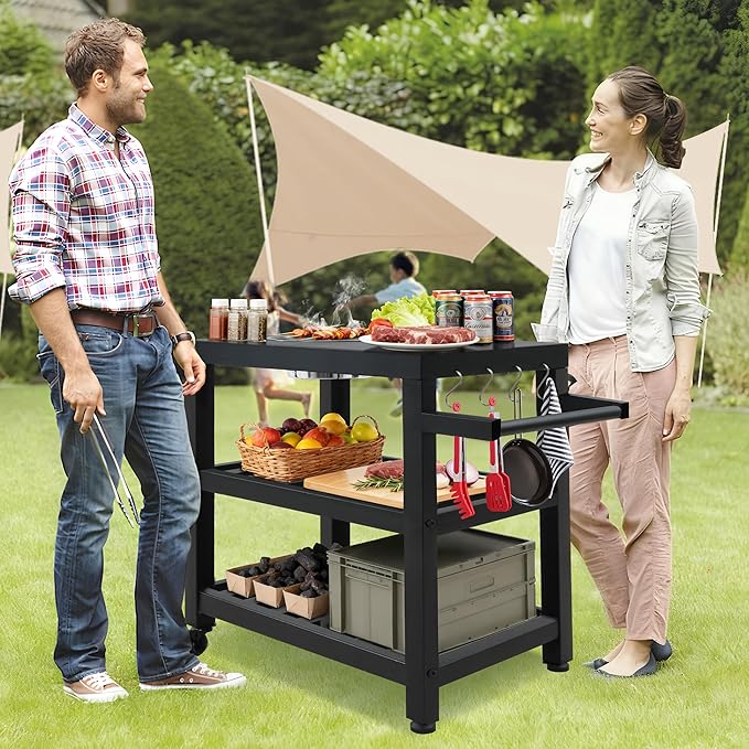 Outdoor Grill Cart with Grill Kit, Movable BBQ Prep Tables Station with Wheels, Dining Cart Table with 2-Tier Storage Cart, 33.3" Lx19.9W x33.2H Grill Table, Black
