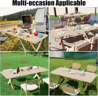 Smiry 2 Pack Rectangle Table Cloth 8 Foot, Waterproof Elastic Fitted Tablecloths, Windproof Washable Polyester Table Cover for Picnic, Camping, Outdoor (Khaki, 30"x96")