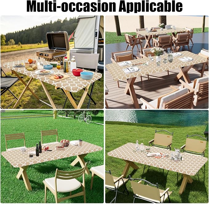 Smiry 2 Pack Rectangle Table Cloth 4 Foot, Waterproof Elastic Fitted Tablecloths, Windproof Washable Polyester Table Cover for Picnic, Camping, Outdoor (Khaki, 24"x48")