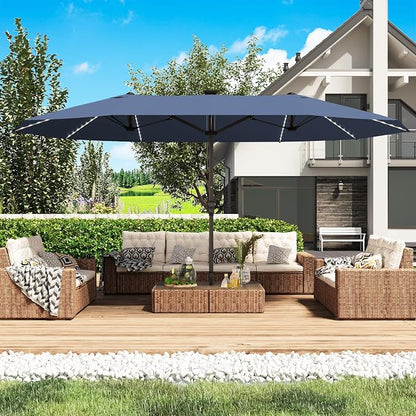 GDPFN 15ft Large Patio Umbrella with Solar Lights, Outdoor Double-Side Rectangular Umbrella, Backyard Pool Umbrella with LED Light for Deck, Outside, Market, Navy (Base Not Include)