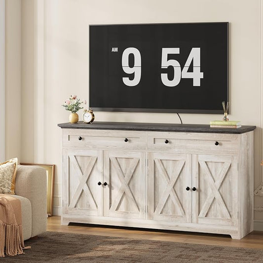 IRONCK Buffet Cabinet with Storage, Sideboard Cabinet with Drawers & Doors | 2 Drawers, 4 Doors and 2 Adjustable Shelves. 59inch Wide. FSC-certified Wood. Anti-tip Device. Charcoal Grey and Beige Maple.