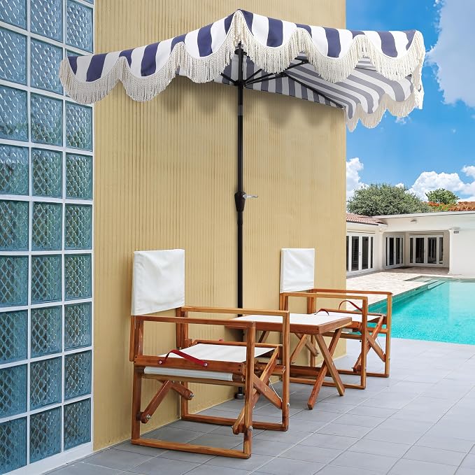 JONATHAN Y Beverly 9 ft. Striped Half Umbrella, Navy/Dark Brown | Coastal Scalloped Fringe, Crank Lift, 30 Degree Manual Tilt, UV 50 Polyester Canopy, Aluminum Frame, Space Saving Design