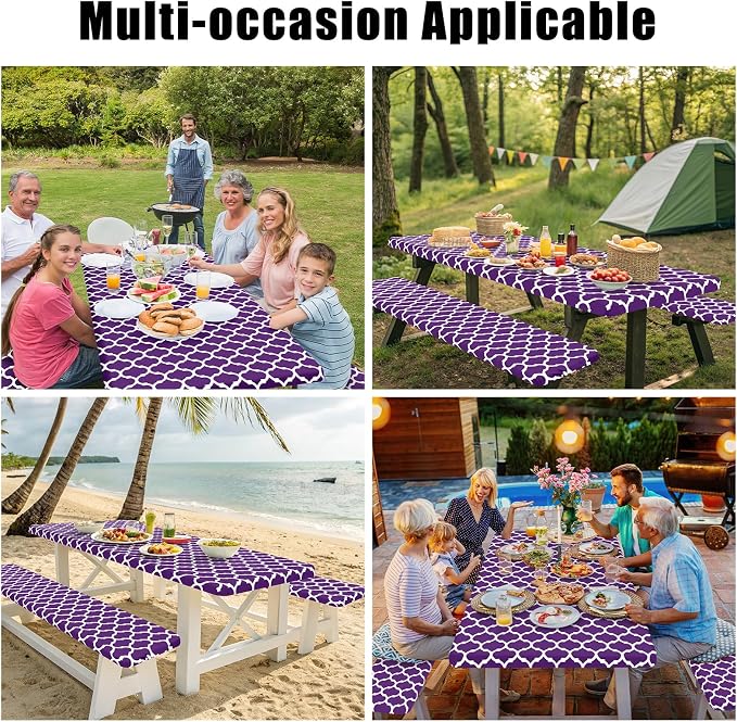 Smiry Picnic Table Cover with Bench Covers, Waterproof Elastic Fitted Tablecloth for 8 Foot Tables, Washable Polyester Tablecloths for Camping, Indoor & Outdoor (Purple, 30x96 Inch 3-pc Set)