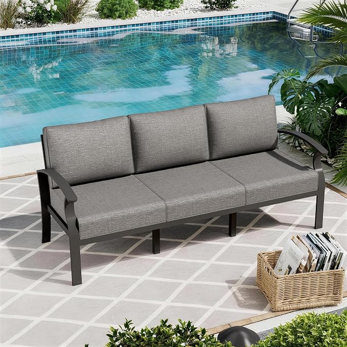ALAULM Aluminum 3-Seat Patio Furniture Set, Metal Outdoor Furniture Sectional Sofas w/5.1" Cushions for Patio, Backyard, Poolside-Grey