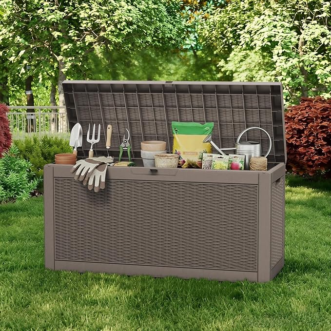 Pepe Tee Waterproof Resin Deck Box, Outdoor Storage Bin for Patio Furniture Cushions, All-Weather Garden Organizer & Seating Bench, Coffee