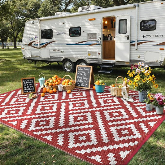 GENIMO Outdoor Rug, Waterproof Plastic Rugs for Patio, 8'x10' Red White | Outside Larger Modern Carpet Mat for Porch Decor, Deck, Balcony, Camping, RV, Backyard, Picnic, Beach, Reversible, Foldable