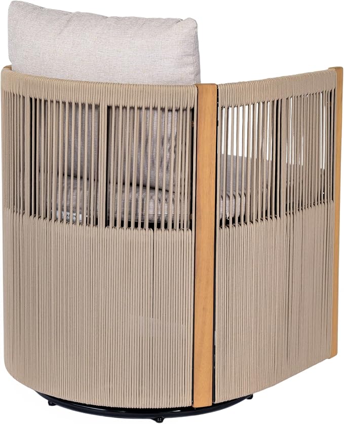Christopher Knight Home Kato Outdoor Metal & Acacia Wood Frame Swivel Accent Chair with Removable Cushion, 360° Rotating Patio Armchair with Rope Accent, Outdoor Swivel Chair for Garden, Beige