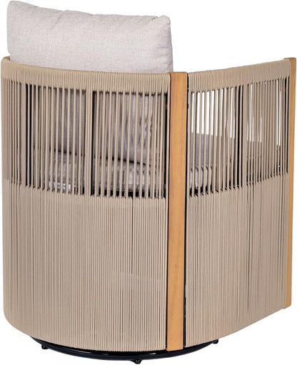 Christopher Knight Home Kato Outdoor Metal & Acacia Wood Frame Swivel Accent Chair with Removable Cushion, 360° Rotating Patio Armchair with Rope Accent, Outdoor Swivel Chair for Garden, Beige