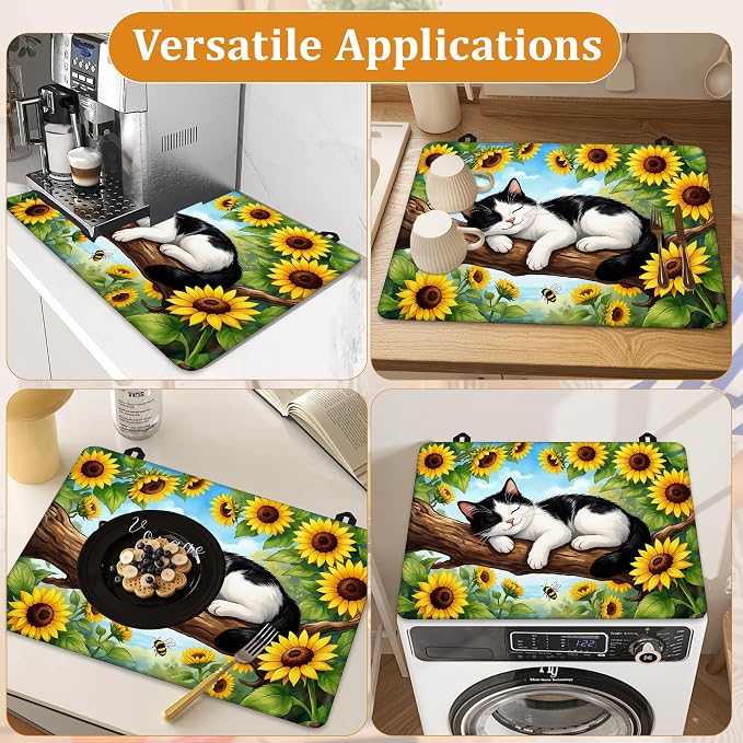 Stove Top Covers for Electric Stove,Sleeping Cat Flat Top Stove Cover,Sunflowers Heat Resistant Glass Top Stove Cover Protector Anti-Slip Range Covers, 28 x 20 Inch