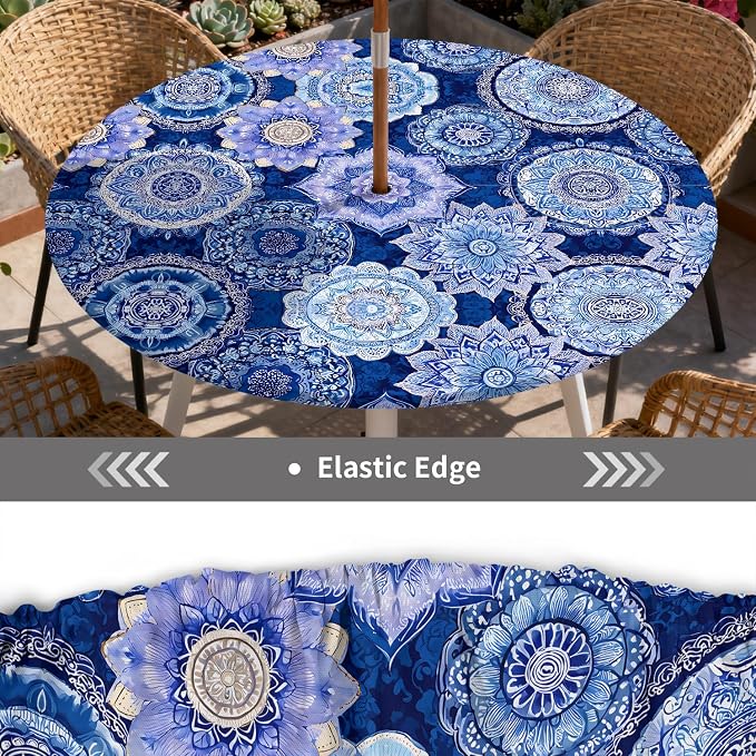 Outdoor Tablecloth with Umbrella Hole and Zipper Fits 61-65" Tables | Waterproof Round Fitted Tablecloth with Elastic Edge, Wipeable Outdoor Table Cover for Patio, Garden, Picnic