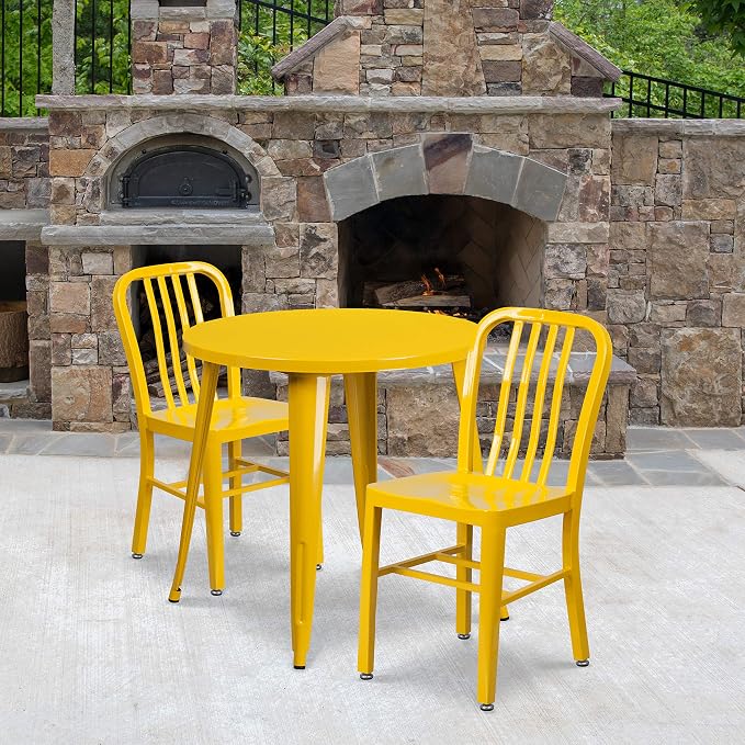 Flash Furniture Craig Commercial Grade 30" Round Yellow Metal Indoor-Outdoor Table Set with 2 Vertical Slat Back Chairs | Commercial Grade, Indoor/Outdoor Use, Vertical Slat Back