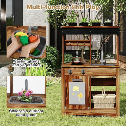 INFANS Mud Kitchen, Outdoor Play Kitchen with Drawing Board, 4 Cups, Removable Sink, Storage, Cooking Accessories, Wooden Kids Kitchen Playset Gift for Boys Girls Ages 3+