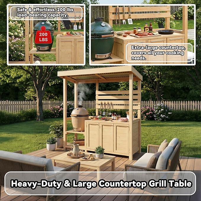 ECACAD Outdoor Kitchen Island with Canopy & Trash Can Cabinet, 6.7FT Cedar Wood Grill Bar Counter Table with Storage Cabinet & Shelves, Grill Pavilion for Patio Kitchen, Backyard, Garden, Natural