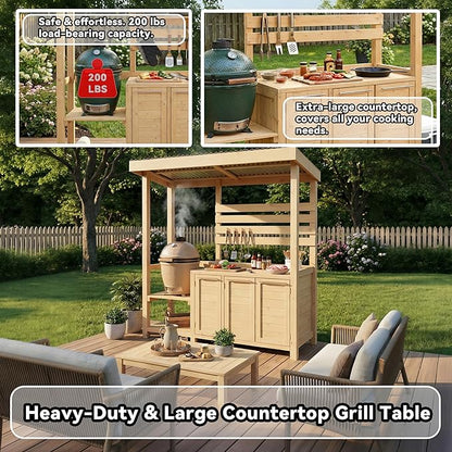 ECACAD Outdoor Kitchen Island with Canopy & Trash Can Cabinet, 6.7FT Cedar Wood Grill Bar Counter Table with Storage Cabinet & Shelves, Grill Pavilion for Patio Kitchen, Backyard, Garden, Natural