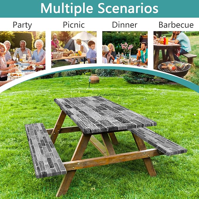 Picnic Table Cover with Bench Covers and Bag, Camping Essentials, Stone Wall Waterproof Windproof, Fitted Camping Tablecloths with Elastic Edges for Indoor, Outdoor & Garden, 3 Pcs Set 30x96 Inch