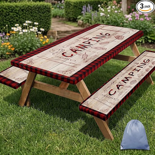 Picnic Table Cover with Bench Covers Elastic Edges, Red Plaid Fitted Table Cover, Outdoor Patio Camping Essentials 72 Inch 3PCS, Waterproof Camping Fitted Tablecloth with Drawstring Bag