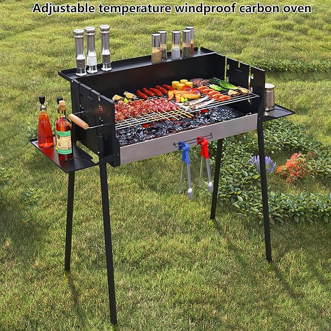 Portable Charcoal Grill, Foldable BBQ Charcoal Grill, 3 Gear Adjustable Temperature Windproof Smoker Grill, Large Camping Barbecue Charcoal Grills for Outdoor Cooking Barbecue Camping BBQ (Black)