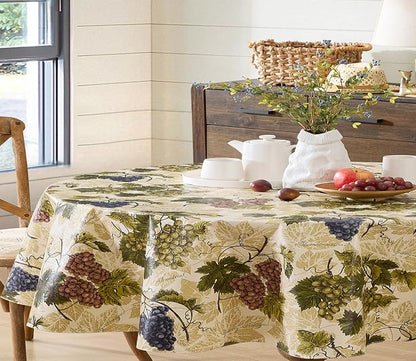 Newbridge 60 x 84 Inch Oval Vinyl Tablecloth with Flannel Backing, Grapevine Print, Grape Theme Indoor Outdoor Waterproof Table Cover, Picnic, Barbeque, Patio and Kitchen Dining