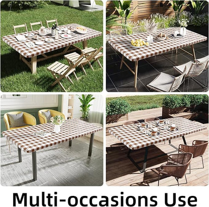 Smiry Rectangle Picnic Table Cloth, Elastic Waterproof Fitted Vinyl Tablecloths, Flannel Backed Buffalo Plaid Table Covers for Dining, Camping, Outdoor (White and Brown, 30" x 60")