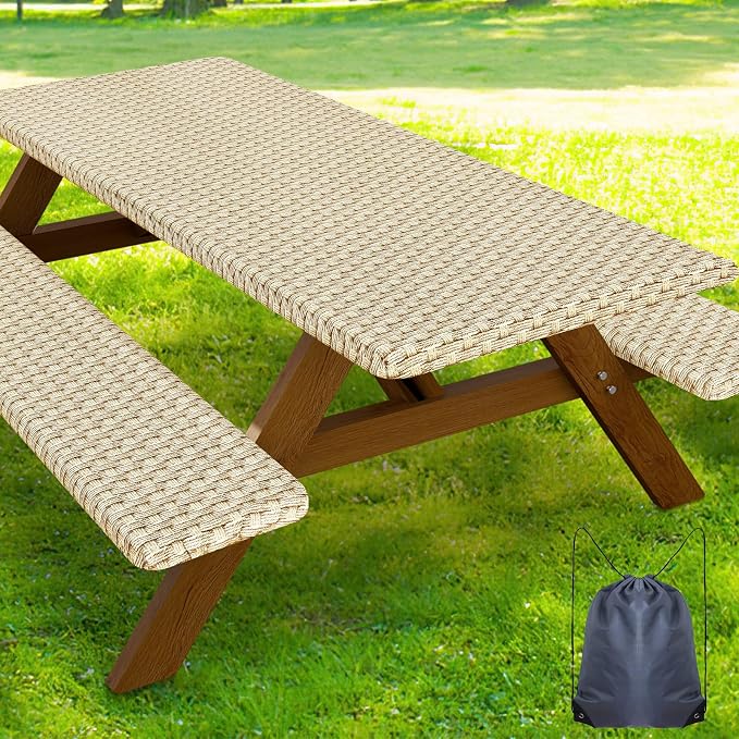 Smiry Picnic Table Cover with Bench Covers, Waterproof Elastic Fitted Tablecloth for 5 Foot Tables, Washable Polyester Tablecloths for Camping, Indoor & Outdoor (Champagne, 30x60 Inch 3-pc Set)