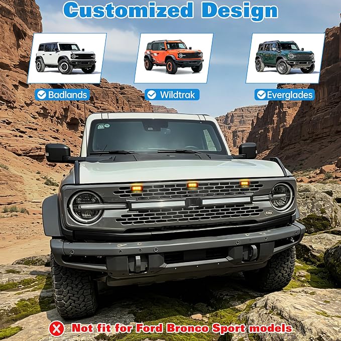 Front LED Grill Lights Compatible with Ford Bronco Accessories 2021 2022 2023 2024 2/4 Doors, Smoked Black