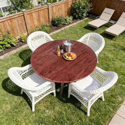 LUSHVIDA Round Waterproof Table Cover Elastic Vinyl Fitted Tablecloth Elastic Edged Plastic Table Cloth (Mahogany, Best for Up to 45"-56" Round)