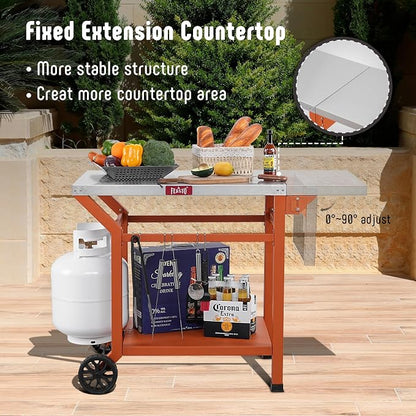 Feasto 43" Lx20 W Grill Table with Folding Side Table & Undershelf, Orange | Stainless Steel Tabletop, Foldable Side Shelf, Sturdy Undershelf, for Pizza Ovens, BBQ Grills, & Prep Work (Hooks Included)