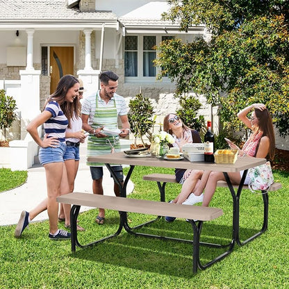 Metal Picnic Table with 2 Benches, Brown