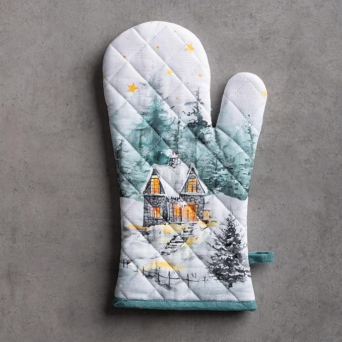 Maison d'Hermine Oven Gloves 100% Cotton Oven Mitt (7" x 13", Pack of 1) | With Loop Heat Resistant BBQ Cooking Gloves Baking Kitchen Handling Hot Pans Thanksgiving Christmas - Neige de Noel
