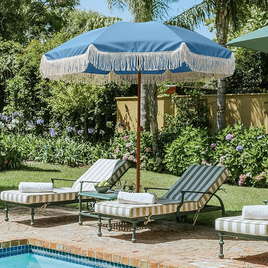 AMMSUN 7ft Patio Umbrella with Fringe Outdoor Tassel Umbrella UPF50+ Premium Steel Pole and Ribs Push Button Tilt, Sky Blue