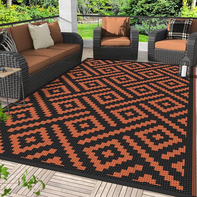 GENIMO Outdoor Rug, Waterproof Plastic Rugs for Patio, 6'x9' Black Orange | Outside Larger Modern Carpet Mat for Porch Decor, Deck, Balcony, Camping, RV, Backyard, Picnic, Beach, Reversible, Foldable