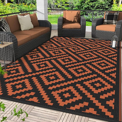 GENIMO Outdoor Rug, Waterproof Plastic Rugs for Patio, 6'x9' Black Orange | Outside Larger Modern Carpet Mat for Porch Decor, Deck, Balcony, Camping, RV, Backyard, Picnic, Beach, Reversible, Foldable