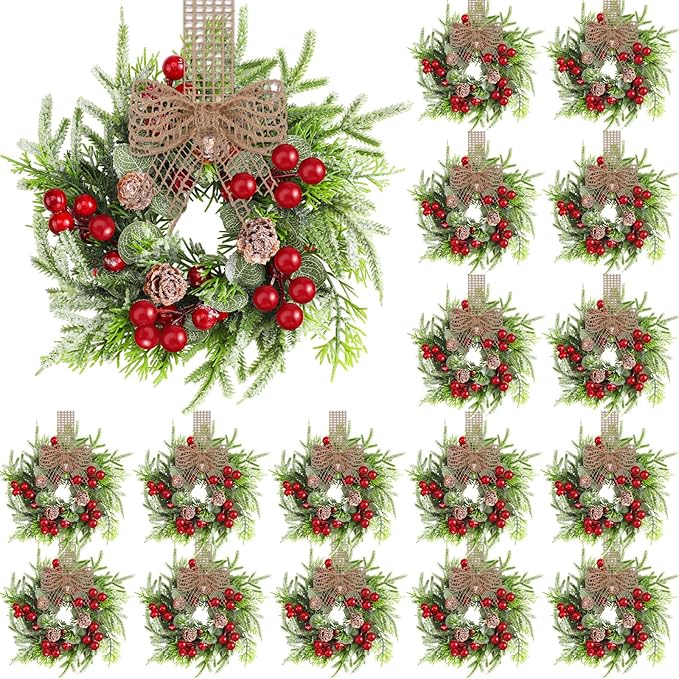 Dingion 18 Pcs Small Christmas Wreaths for Cabinet Kitchen Decor Mini Artificial Wreath 9 Inch Faux Garland with Burlap Ribbon for Vintage Retro Home Table Candle Porch Window Indoor Outdoor Decor