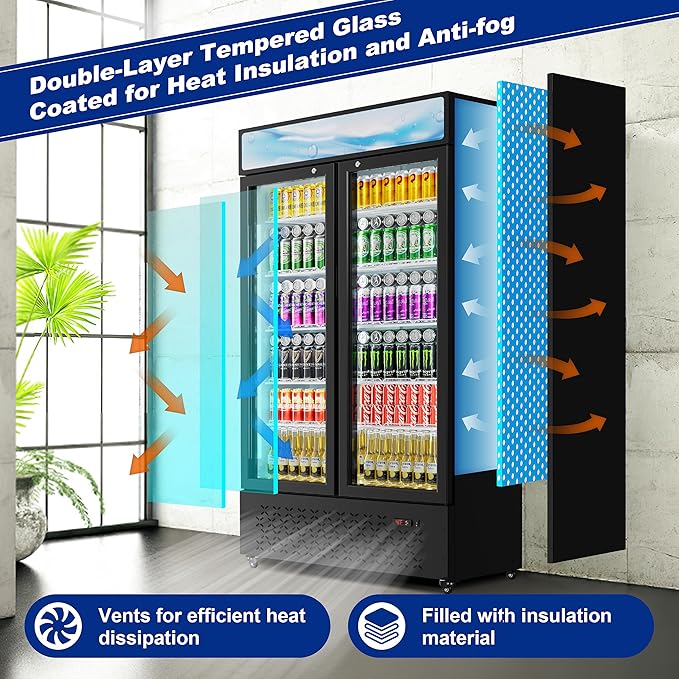 Beverage Cooler Commercial Refrigerator 30.3 Cu.Ft. Glass Door Display Refrigerator with LED Light, 10 Shelves, Display Commercial Beverage Refrigeratorfor Restaurant Cafe Bar Store (30.3 Cu.Ft.)