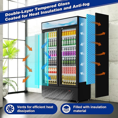 Beverage Cooler Commercial Refrigerator 30.3 Cu.Ft. Glass Door Display Refrigerator with LED Light, 10 Shelves, Display Commercial Beverage Refrigeratorfor Restaurant Cafe Bar Store (30.3 Cu.Ft.)