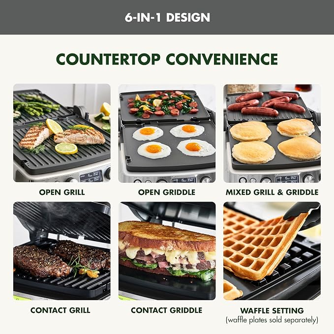 GreenPan Elite 6-in-1 Multi-Function Contact Grill & Griddle, Healthy Ceramic Nonstick Reversible Plates, Adjustable Shade & Shear, Closed Press/Open Flat Surface, PFAS-Free, Graphite