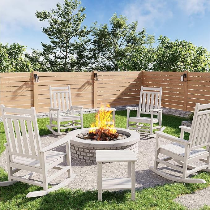 Garvee HDPE Rocking Chair Outdoor Set of 4 with 2 Side Table - Poly High Back Porch Rocker Chairs for Adults - All Weather Resistant Furniture for Patio Front Porch - White