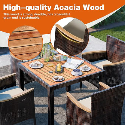 Shintenchi 5 PCS Patio Dining Set, Wicker Outdoor Table and Chairs with Soft Cushions, Patio Furniture Set with Wood Table Top for Backyard, Deck and Garden, Brown Wicker