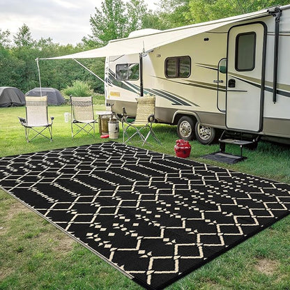 Smiry Outdoor Rug 8x10 ft Waterproof Reversible Boho Mat, Beige | Polypropylene Plastic Straw, Quick Drying, Lightweight Foldable, for Patio, Deck, RV Camping, Backyard and Indoor Outdoor Use