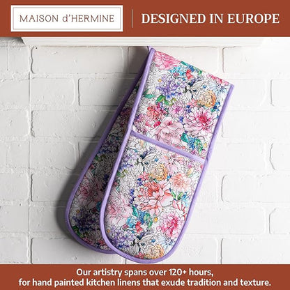 Maison d' Hermine Double Oven Mitts 100% Cotton 7"x35" Double Oven Mitt Heat Resistant BBQ Cooking Gloves with Loop Baking Grilling Kitchen Hotel Home Farmhouse Spring Summer (Floral Love)