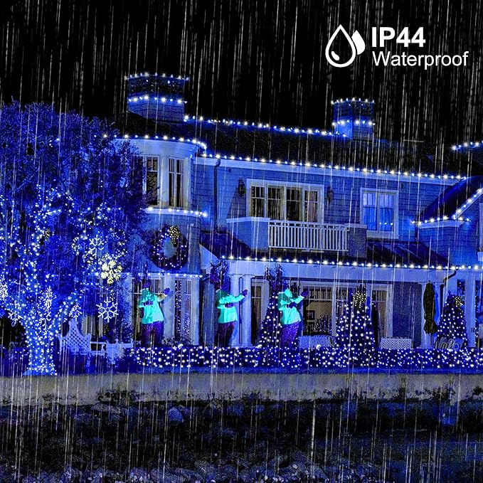 Wellisnow 164ft 500 LED Blue White Christmas Lights, 8 Lighting Modes Waterproof Christmas Lights Outdoor Plug in for Christmas Tree Yard Wedding Decorations(164FT,Blue&White)