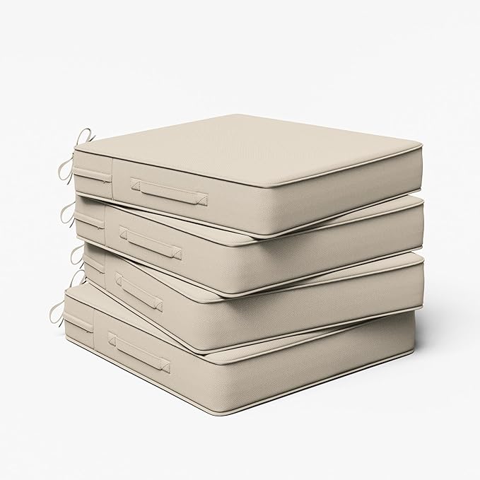 Outdoor Chair Cushion 22 x 22 x 4 Inches Patio Furniture Outdoor Waterproof Seat Cushion, Patio Chair Cushion with Handles and Ties, Square Dining Chair Cushion Set of 4, Cream